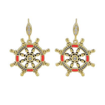 Eau Ship Wheel earrings by Lauren G Adams, gold ship wheel with crystals and red enamel, on Tampa Home & Garden Store