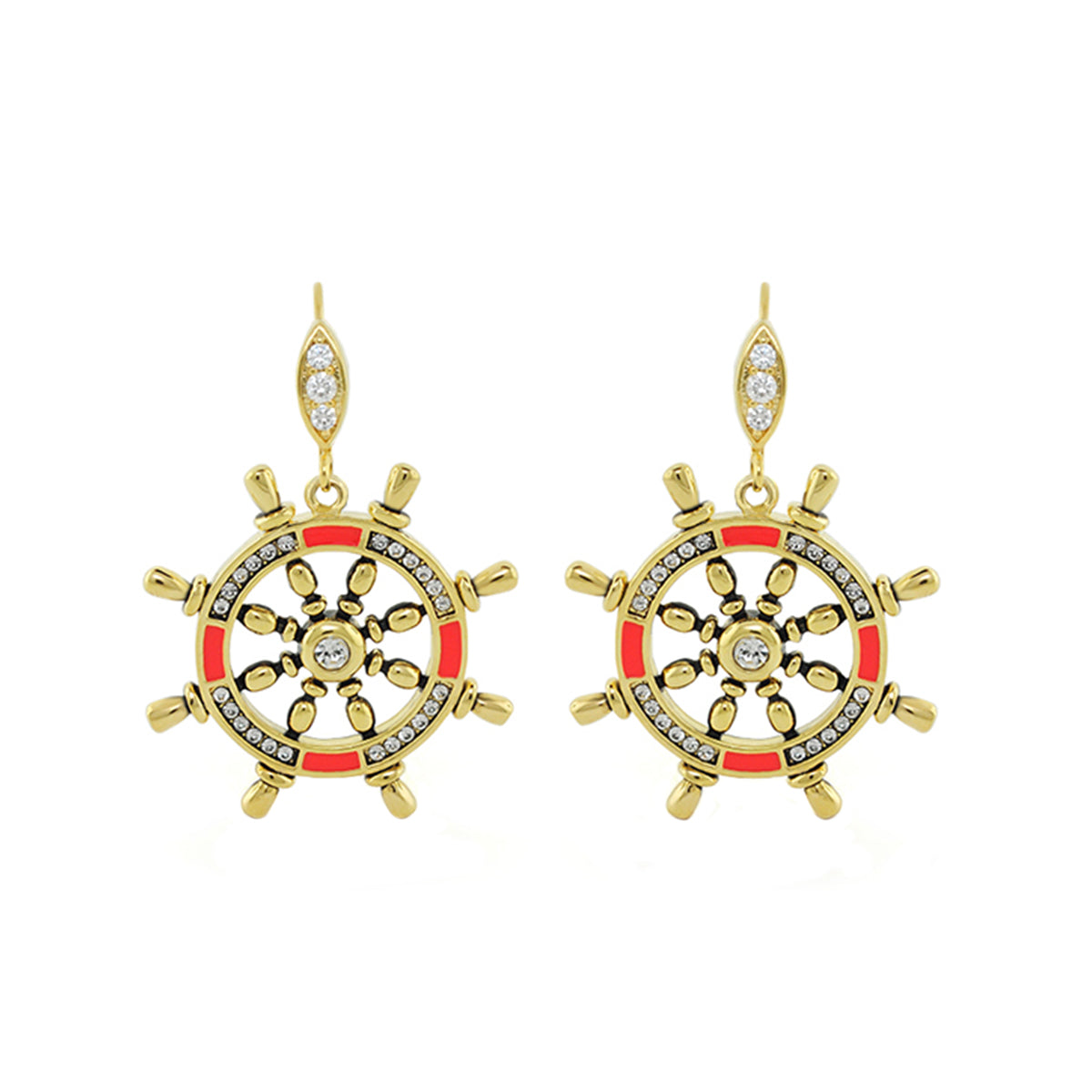 Eau Ship Wheel Earrings by Lauren G Adams, gold ship wheel with crystals and red enamel, pair on Tampa Home & Garden Store