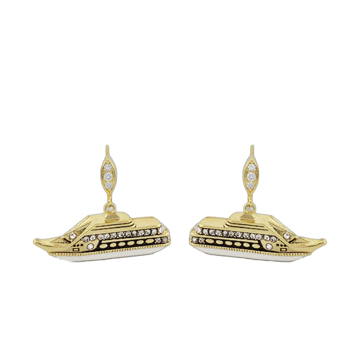 Eau Cruise Ship Earrings gold-tone with crystal-embellished ship pendants pair on Tampa Home & Garden Store