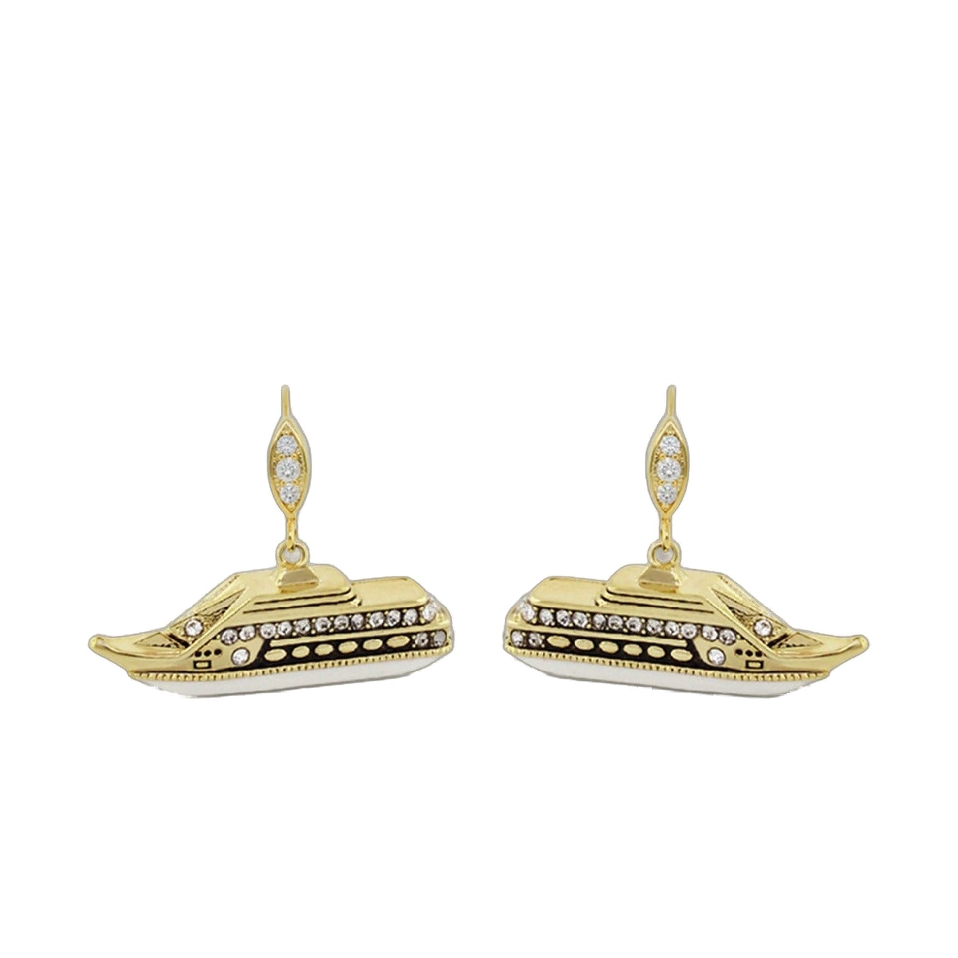 Eau Cruise Ship Earrings gold-tone with crystal-embellished ship pendants pair on Tampa Home & Garden Store
