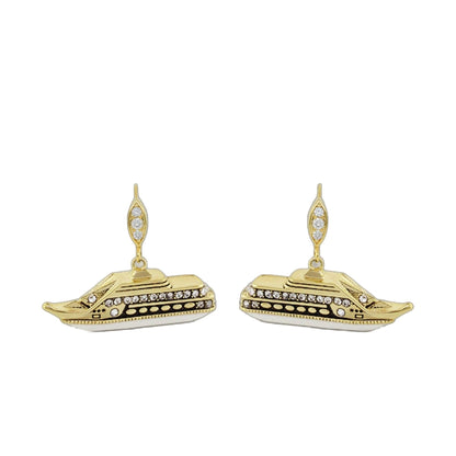 Eau Cruise Ship Earrings gold-tone with crystal-embellished ship pendants pair on Tampa Home & Garden Store