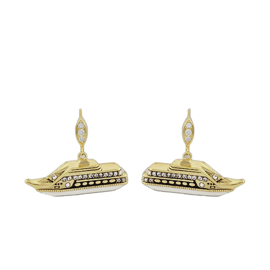 Eau Cruise Ship Earrings gold-tone with crystal-embellished ship pendants pair on Tampa Home & Garden Store