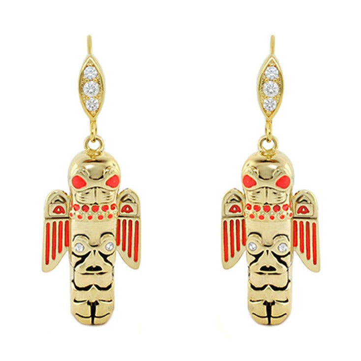 Eau Totem Pole Earrings by Lauren G Adams, gold-tone with red enamel accents and crystals on Tampa Home & Garden Store