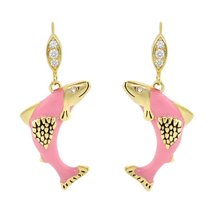 Eau Salmon Earrings pink enamel fish with gold-tone body and diamonds by Lauren G Adams on Tampa Home & Garden Store