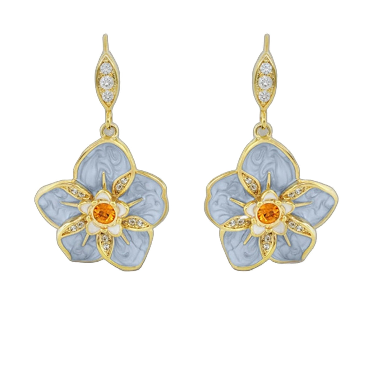 Eau Hibiscus Flower Earrings; gold-tone drop pair with blue enamel petals and orange gem on Tampa Home & Garden Store