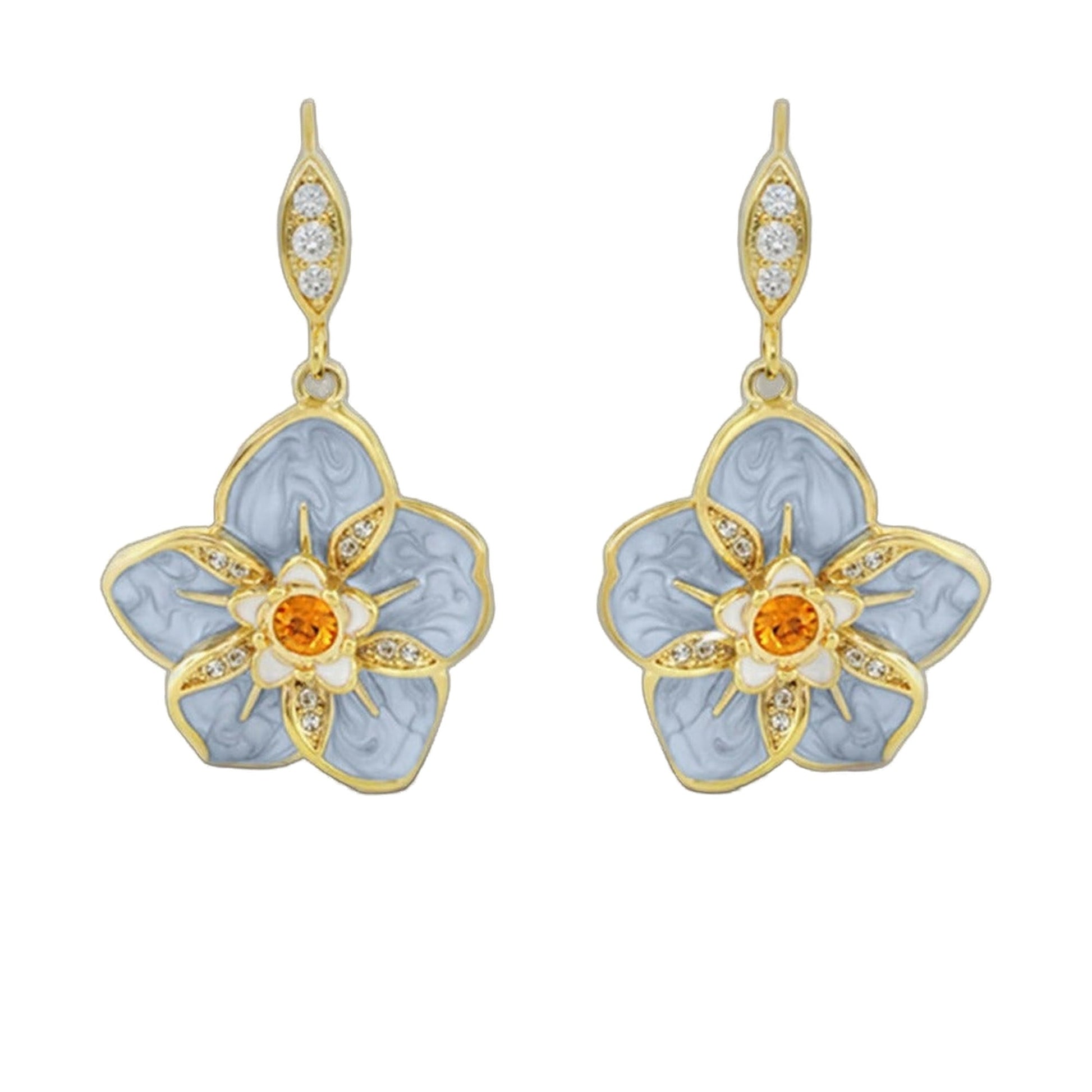 Eau Hibiscus Flower Earrings; gold-tone drop pair with blue enamel petals and orange gem on Tampa Home & Garden Store