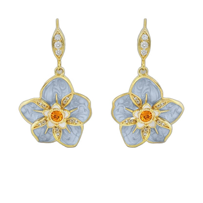 Eau Hibiscus Flower Earrings; gold-tone drop pair with blue enamel petals and orange gem on Tampa Home & Garden Store
