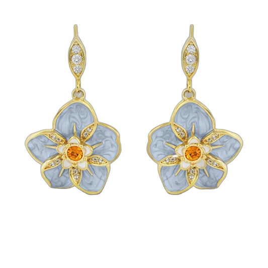 Eau Hibiscus Flower Earrings; gold-tone drop pair with blue enamel petals and orange gem on Tampa Home & Garden Store