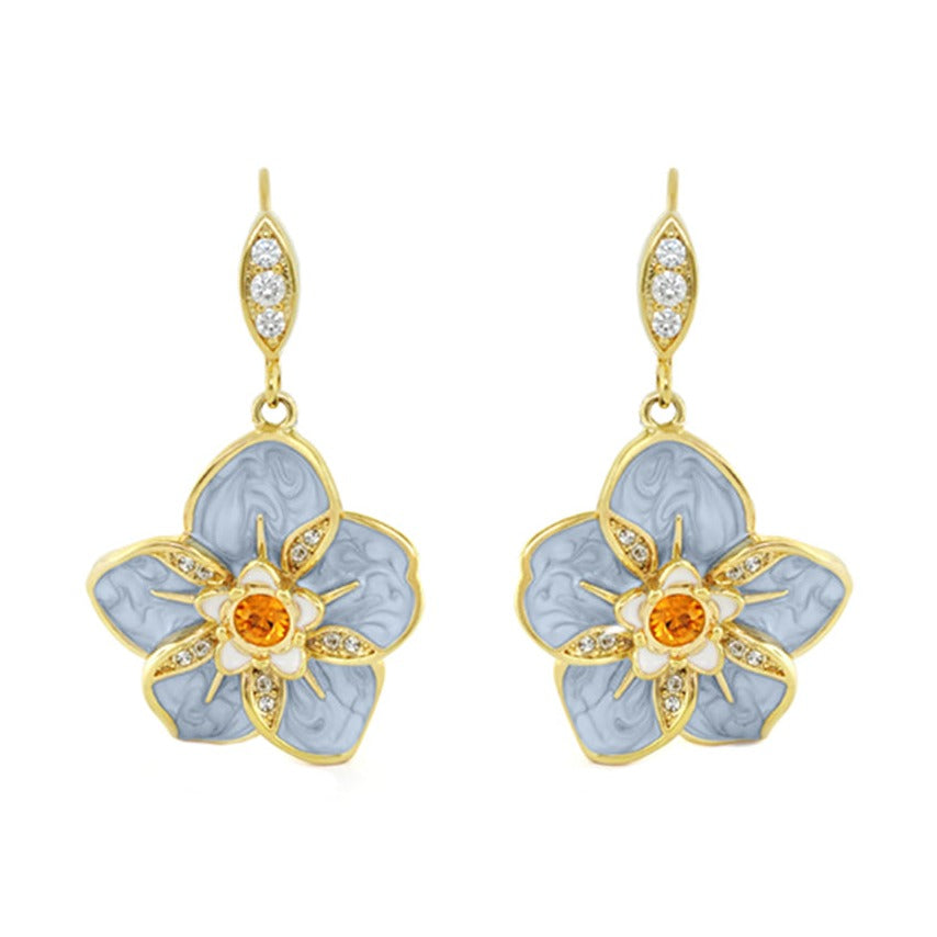 Eau Hibiscus Flower Earrings by Lauren G Adams, goldtone blue petals and orange center on Tampa Home & Garden Store