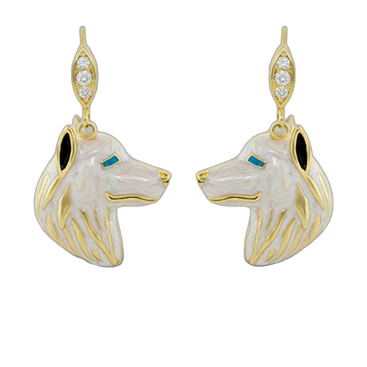 Eau Husky Earrings, gold-tone drop with diamond tops and enamel husky heads turquoise accents on Tampa Home & Garden Store