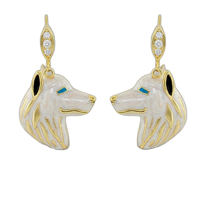 Eau Husky Earrings, gold-tone drop with diamond tops and enamel husky heads turquoise accents on Tampa Home & Garden Store