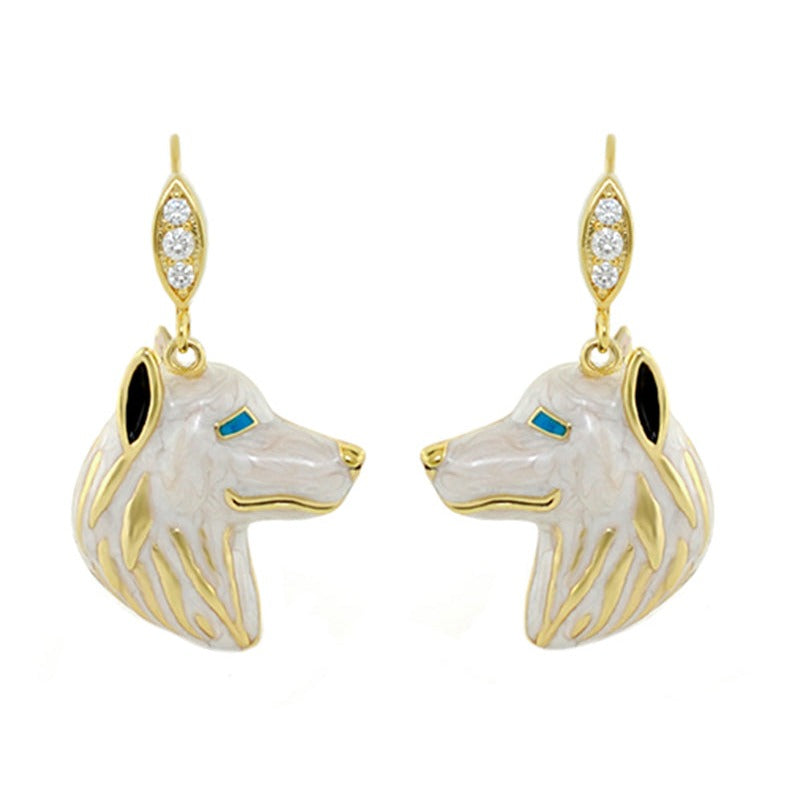 Eau Husky Earrings pair by Lauren G Adams, gold-tone dog-head with blue eyes and diamond bail on Tampa Home & Garden Store