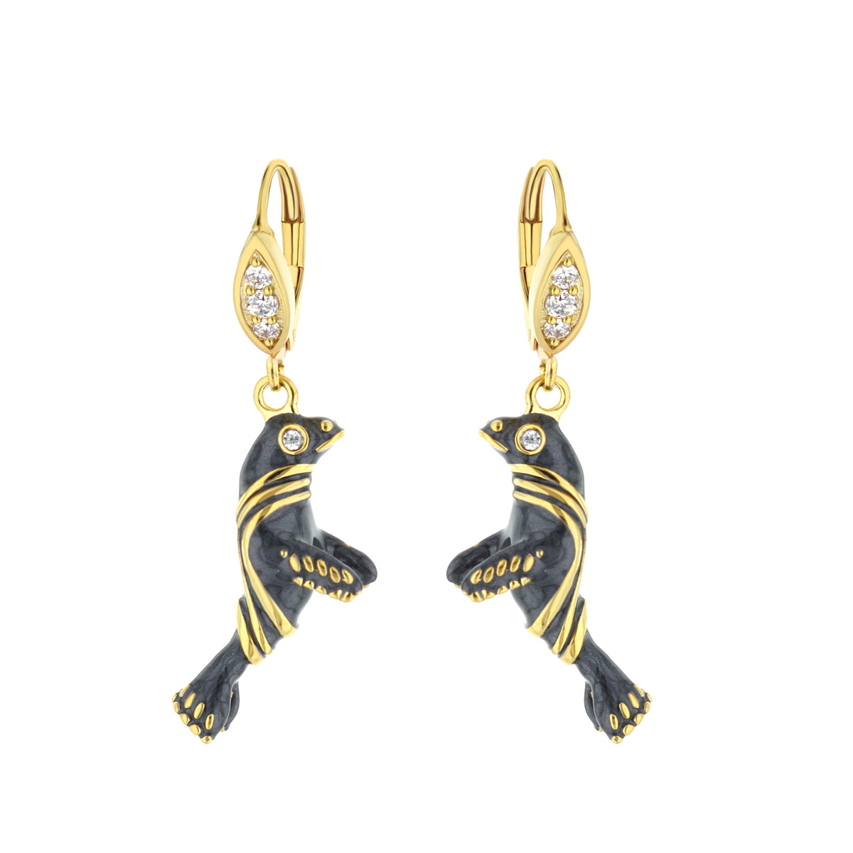 Eau Sea Lion earrings by Lauren G Adams; gold-tone leaf drop with crystals, black-gold rope on Tampa Home & Garden Store