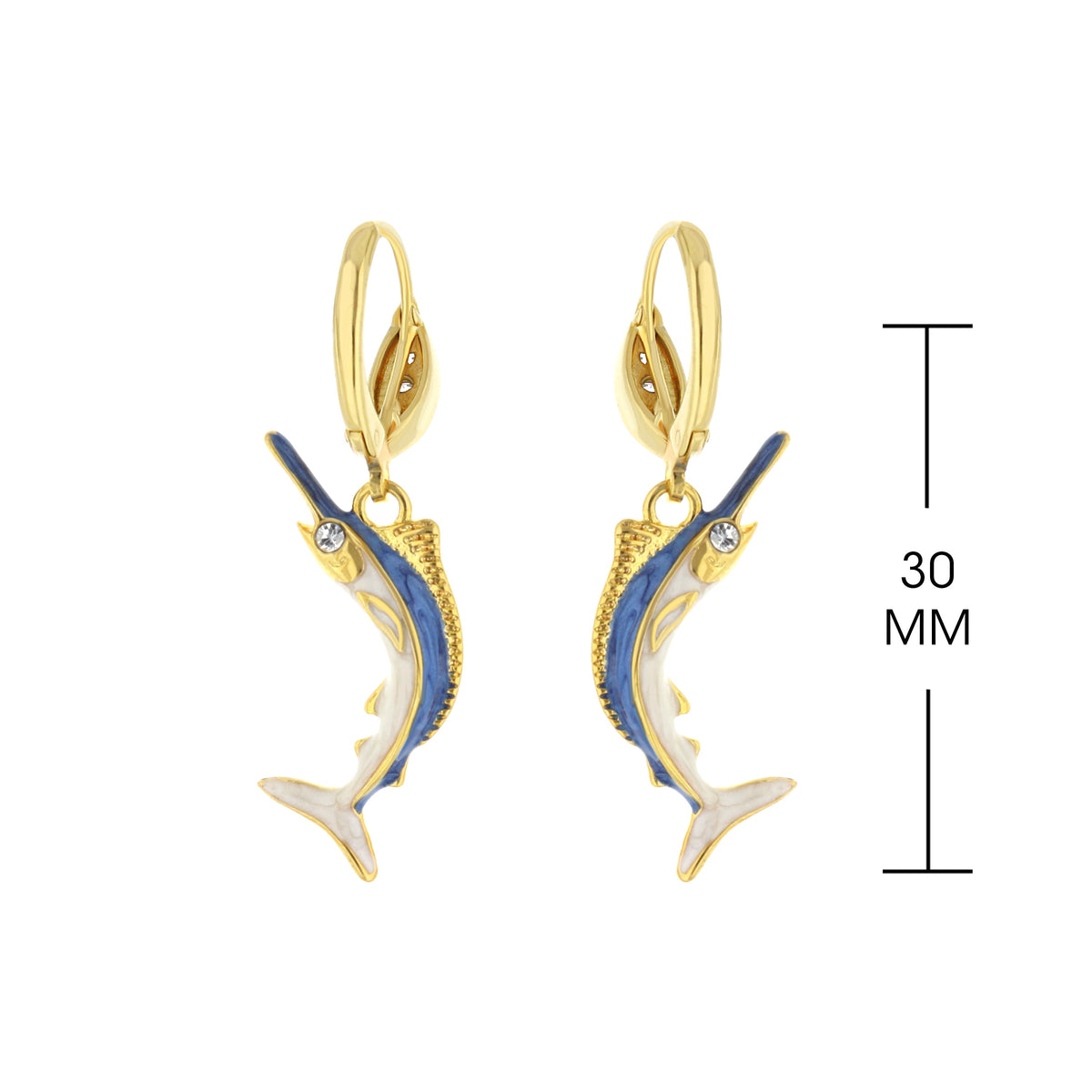 Eau Swordfish earrings, gold-tone hoops with blue enamel swordfish charms and rhinestones on Tampa Home & Garden Store