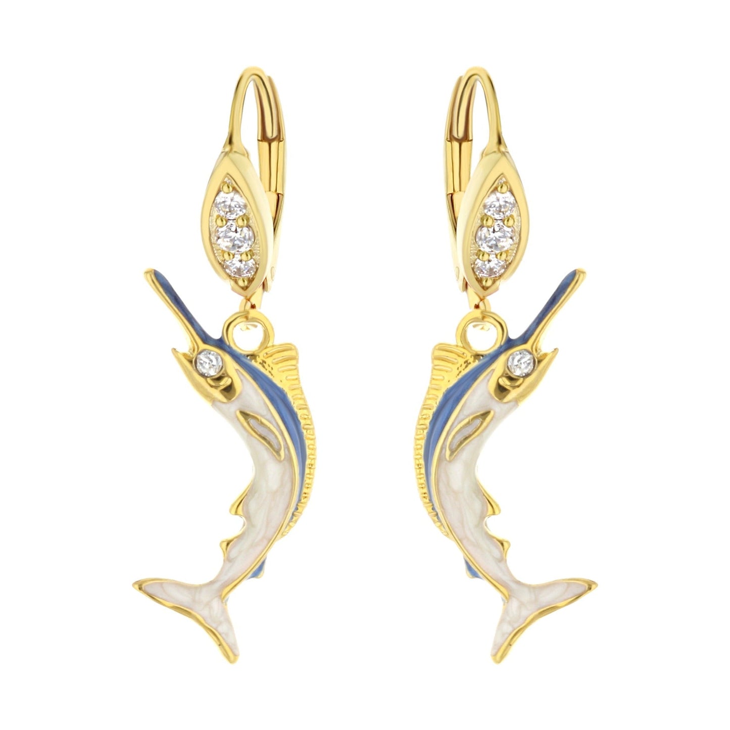 Eau Swordfish Earrings pair, gold-tone with blue enamel and diamond accents on Tampa Home & Garden Store