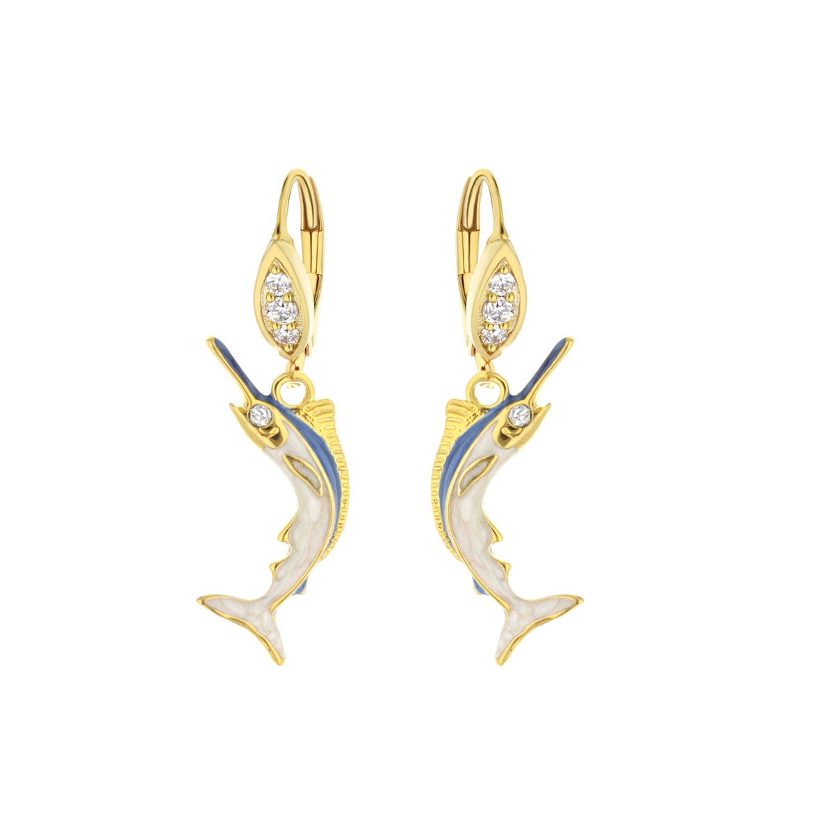 Eau Swordfish Earrings gold-tone with blue enamel and crystal accents; pair on Tampa Home & Garden Store