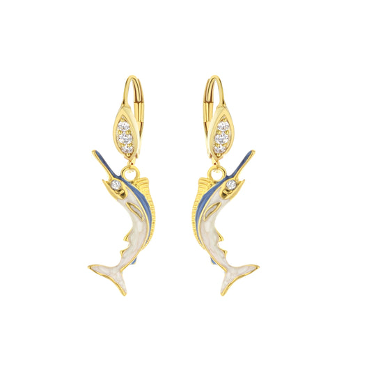 Eau Swordfish Earrings gold-tone with blue enamel and crystal accents; pair on Tampa Home & Garden Store