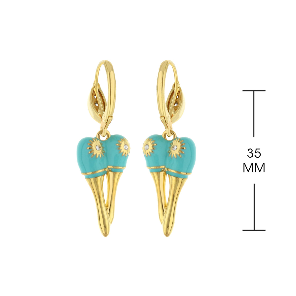 Eau Maracas Earrings; turquoise heart charms with gold sunburst accents on gold hoops on Tampa Home & Garden Store