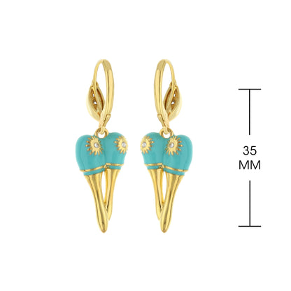 Eau Maracas Earrings; turquoise heart charms with gold sunburst accents on gold hoops on Tampa Home & Garden Store