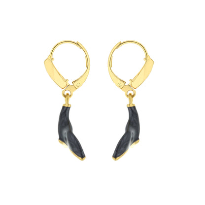 Whale Tail Earrings gold-tone hoops with black marbled drops, Lauren G Adams collection on Tampa Home & Garden Store