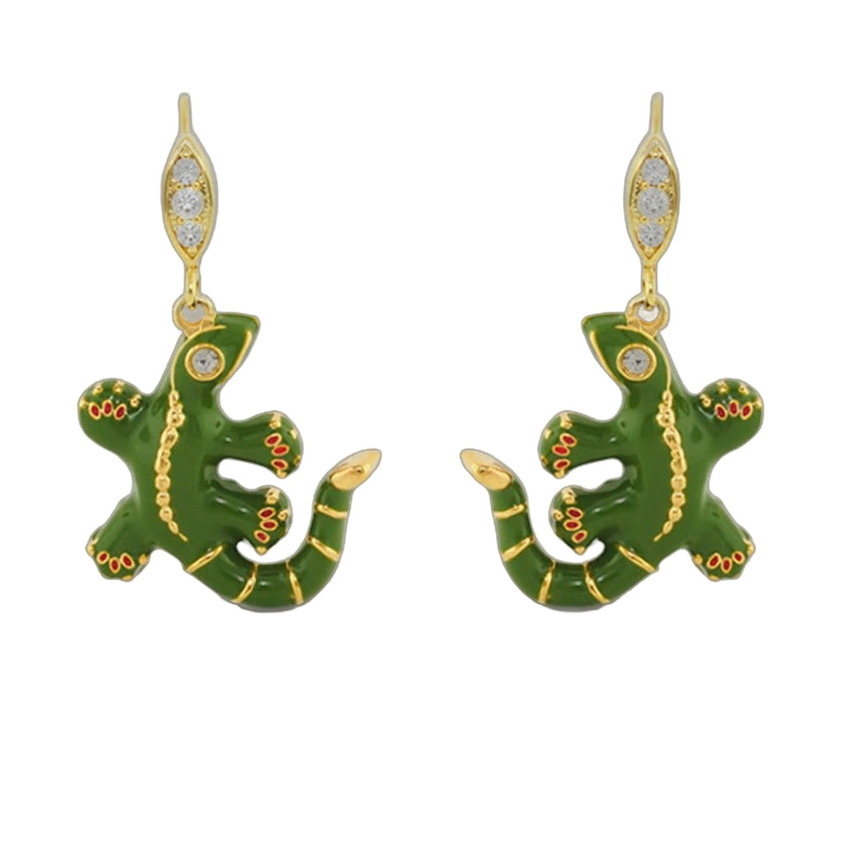 Eau Gecko earrings Lauren G Adams; gold-tone hooks with green enamel gecko charms pair on Tampa Home & Garden Store