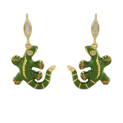 Eau Gecko earrings Lauren G Adams; gold-tone hooks with green enamel gecko charms pair on Tampa Home & Garden Store