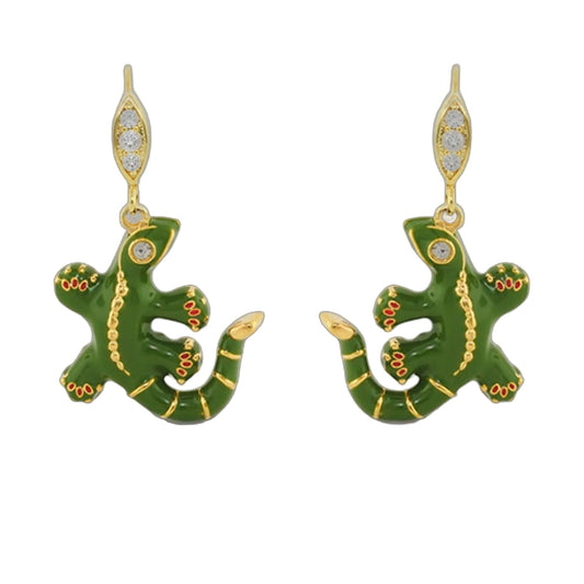 Eau Gecko earrings Lauren G Adams; gold-tone hooks with green enamel gecko charms pair on Tampa Home & Garden Store