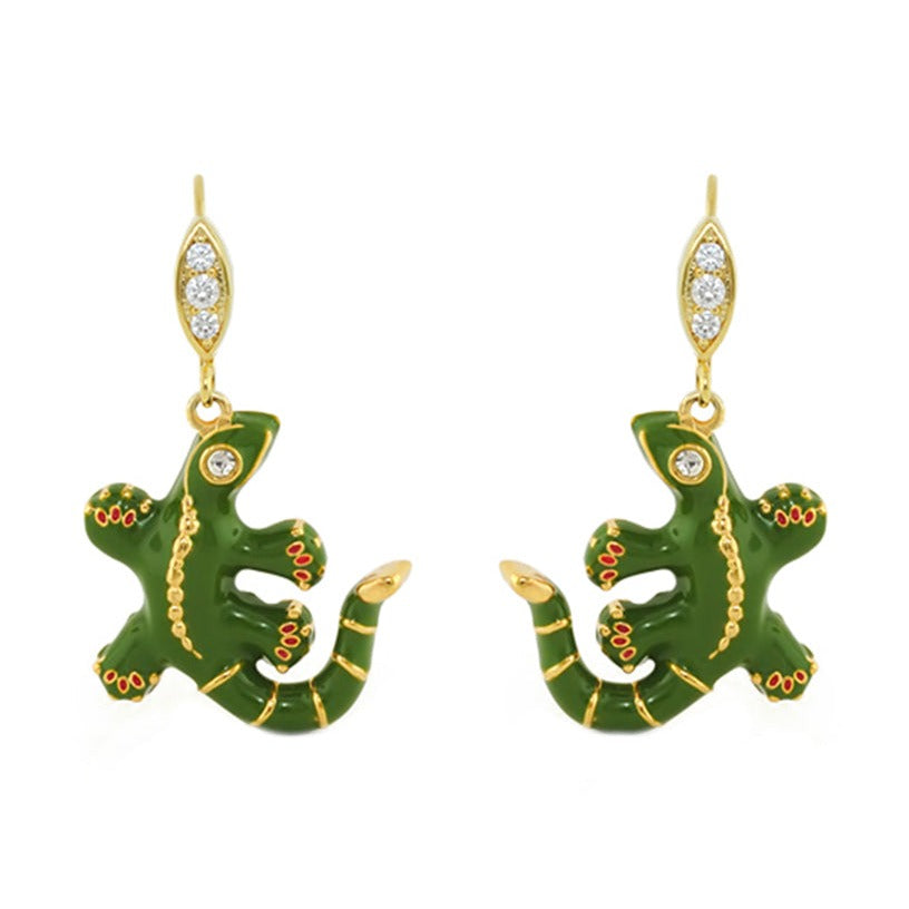 Eau Gecko earrings by Lauren G Adams; green enamel dragon drops in gold-tone with diamonds, pair on Tampa Home & Garden Store