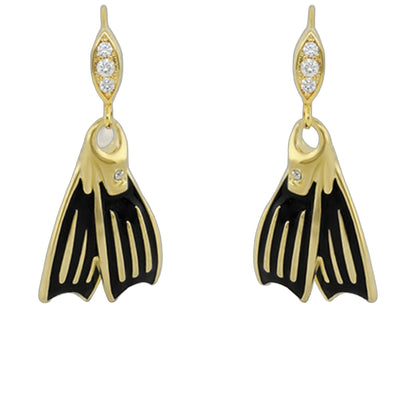 Eau Swimming Fins Earrings, gold-tone with black enamel fins and crystal accents, pair on Tampa Home & Garden Store