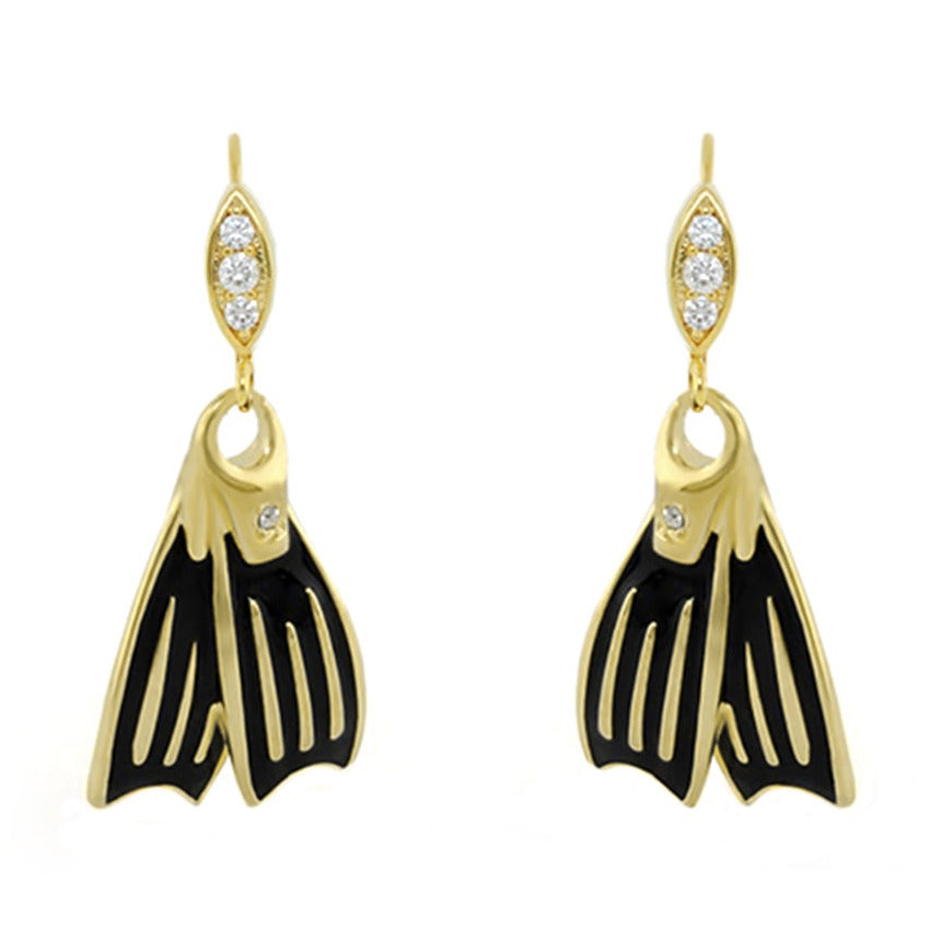 Eau Swimming Fins Earrings pair by Lauren G Adams, gold-tone with black enamel fins on Tampa Home & Garden Store