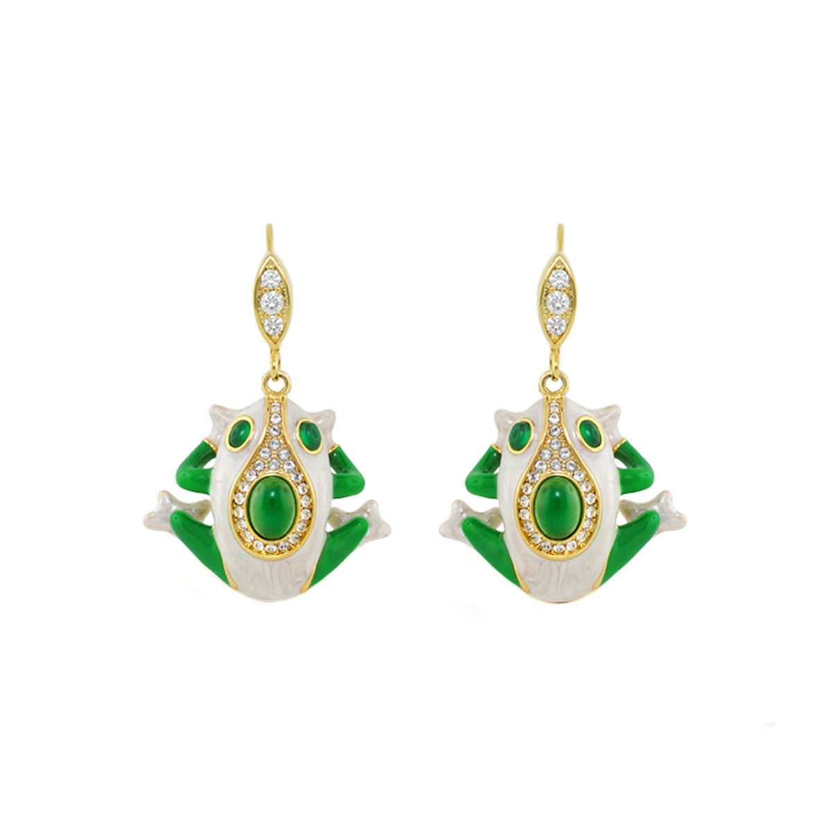 Eau Frog earrings by Lauren G Adams, gold-tone drop earrings with green enamel frog motif and crystal accents, pair on Tampa Home & Garden Store