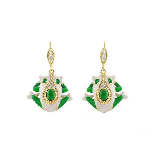 Eau Frog earrings by Lauren G Adams, gold-tone drop earrings with green enamel frog motif and crystal accents, pair on Tampa Home & Garden Store