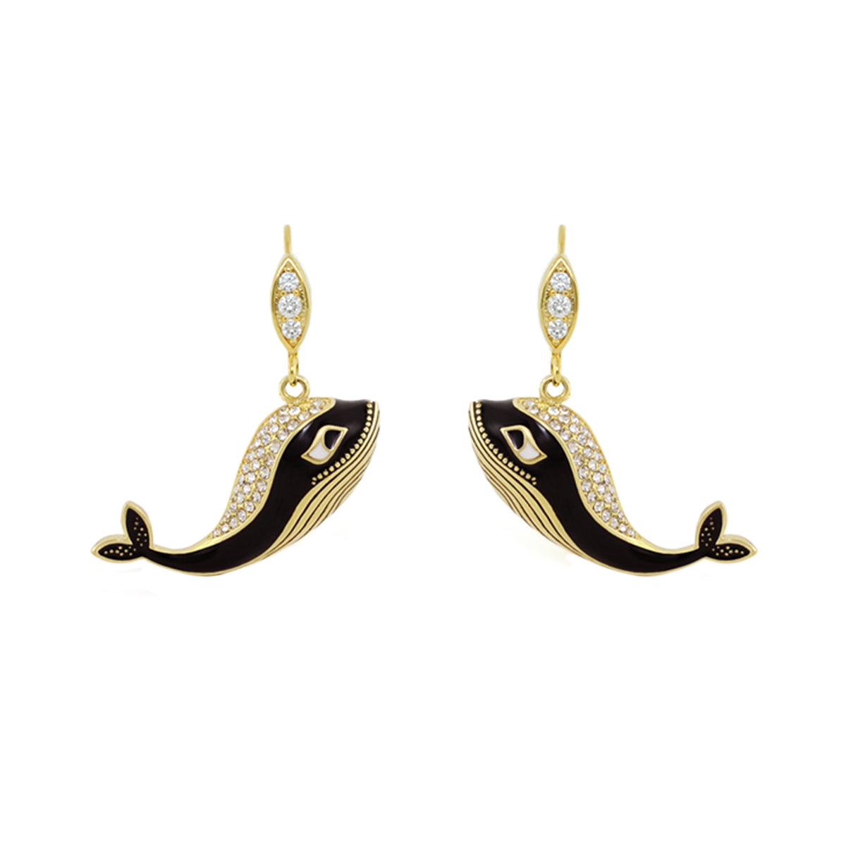 Eau Whale earrings, Lauren G Adams, gold-tone whale drop with black enamel, pair on Tampa Home & Garden Store