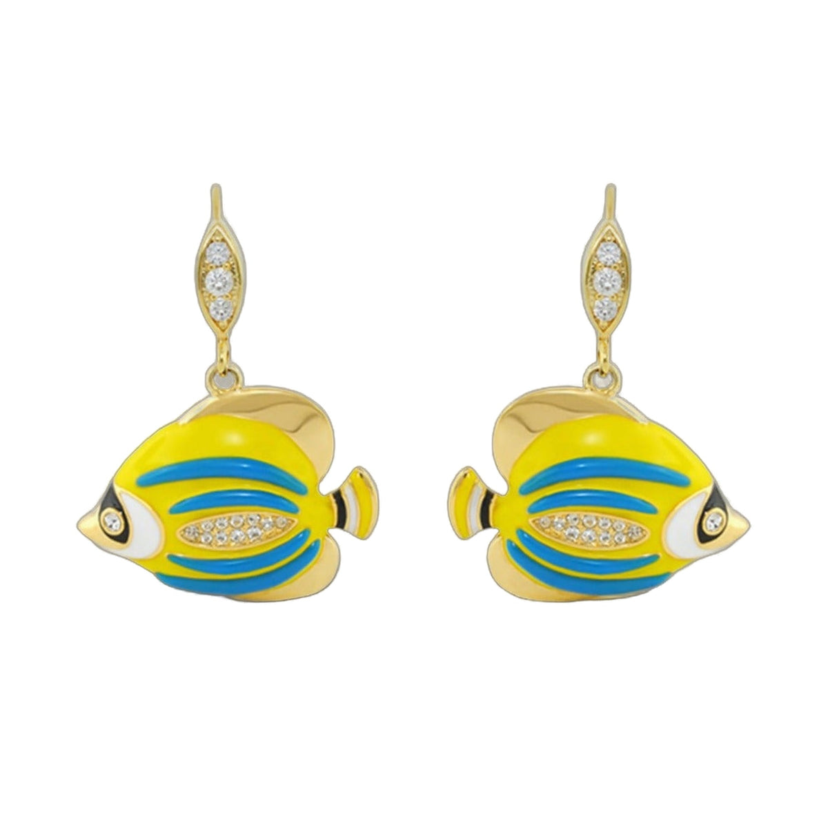 Eau Fish earrings Lauren G Adams; 2 gold fish charms with yellow bodies and blue stripes crystals on Tampa Home & Garden Store