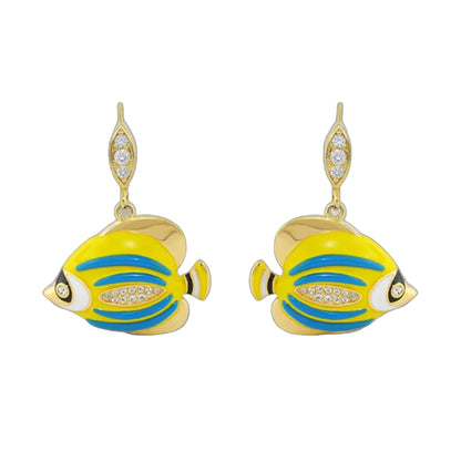 Eau Fish earrings Lauren G Adams; 2 gold fish charms with yellow bodies and blue stripes crystals on Tampa Home & Garden Store