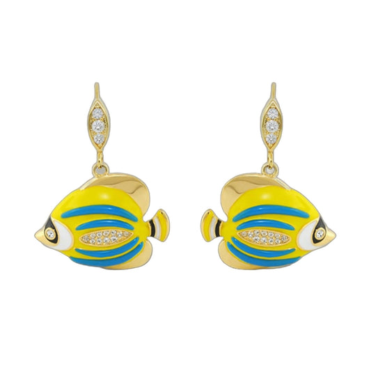 Eau Fish earrings Lauren G Adams; 2 gold fish charms with yellow bodies and blue stripes crystals on Tampa Home & Garden Store