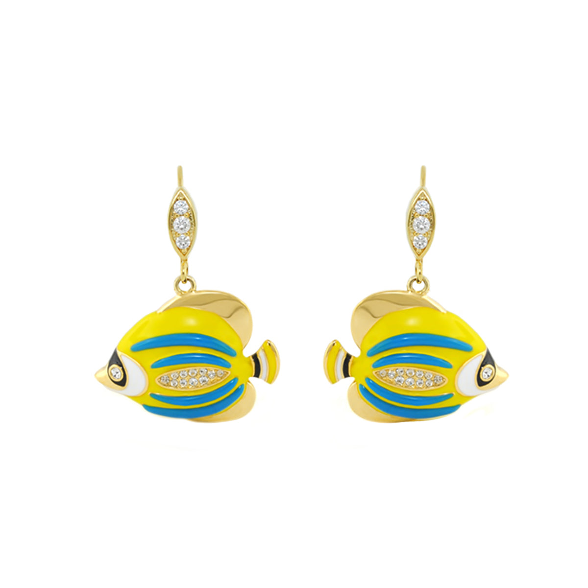 Eau Fish Earrings by Lauren G Adams; goldtone enamel fish pair with yellow and blue stripes on Tampa Home & Garden Store