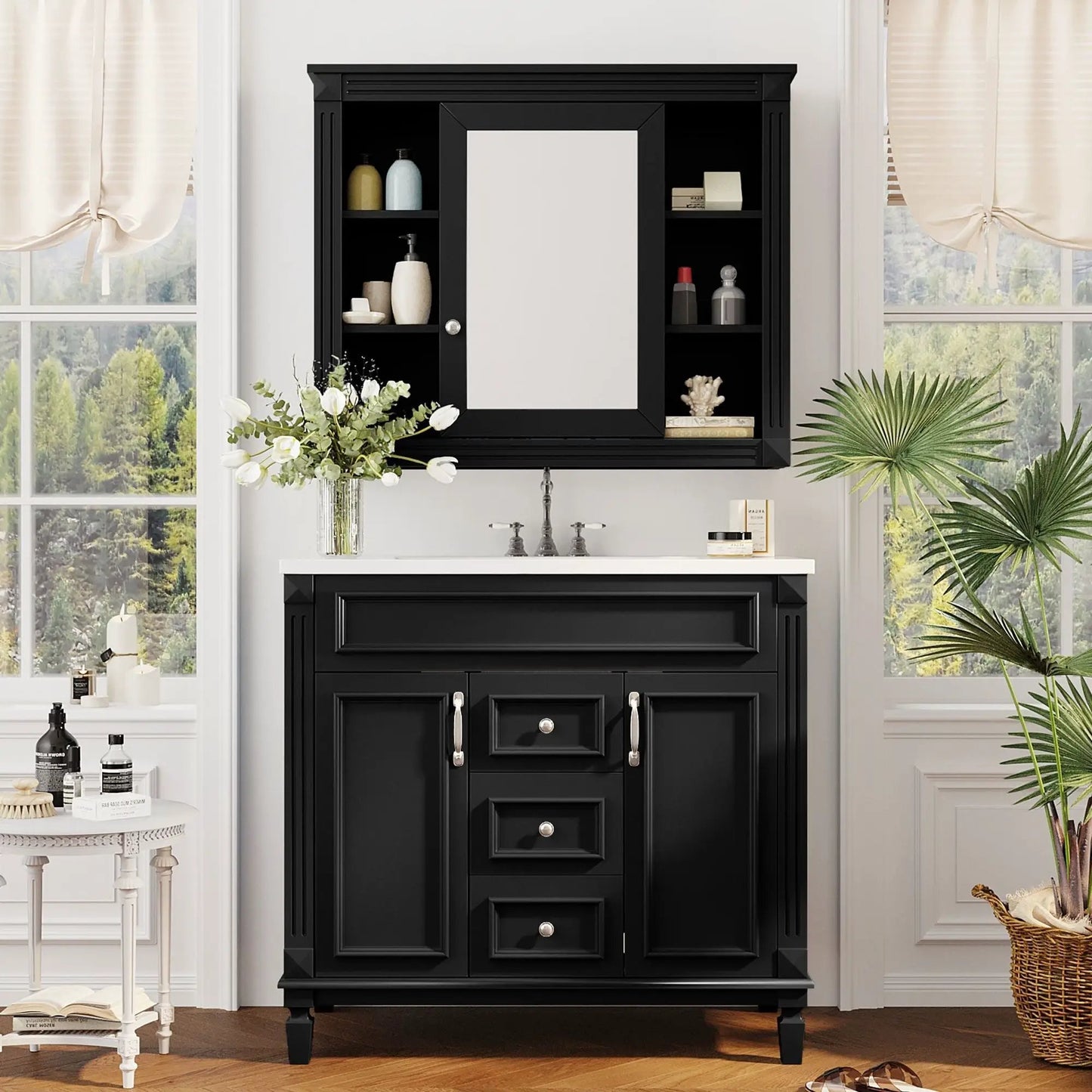 Black bathroom vanity with top sink and mirror cabinet, 2 doors & 2 drawers Unique Piece on Tampa Home & Garden Store