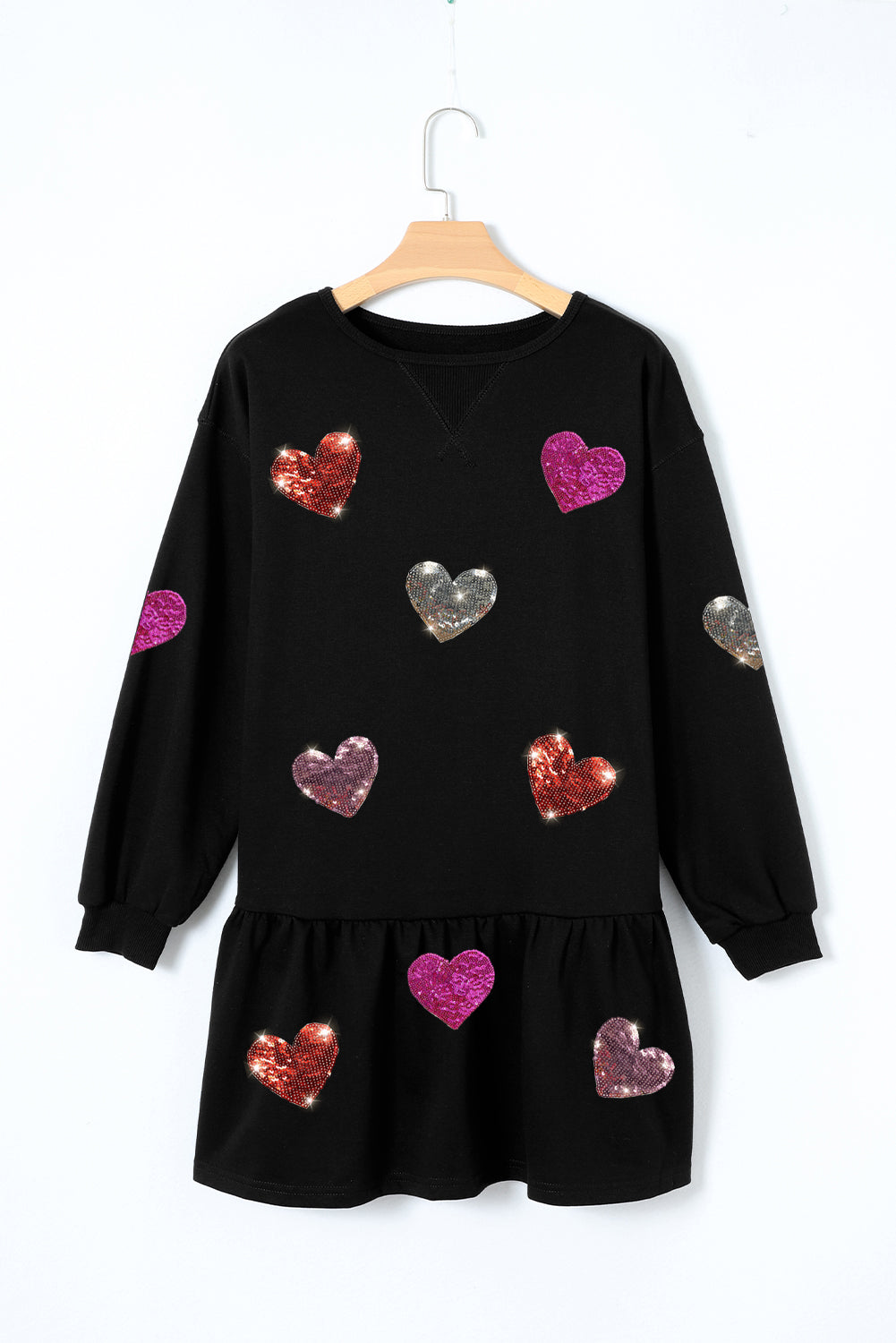 Stevvex black long-sleeve mini dress with colorful heart sequins for women and girls on Tampa Home & Garden Store