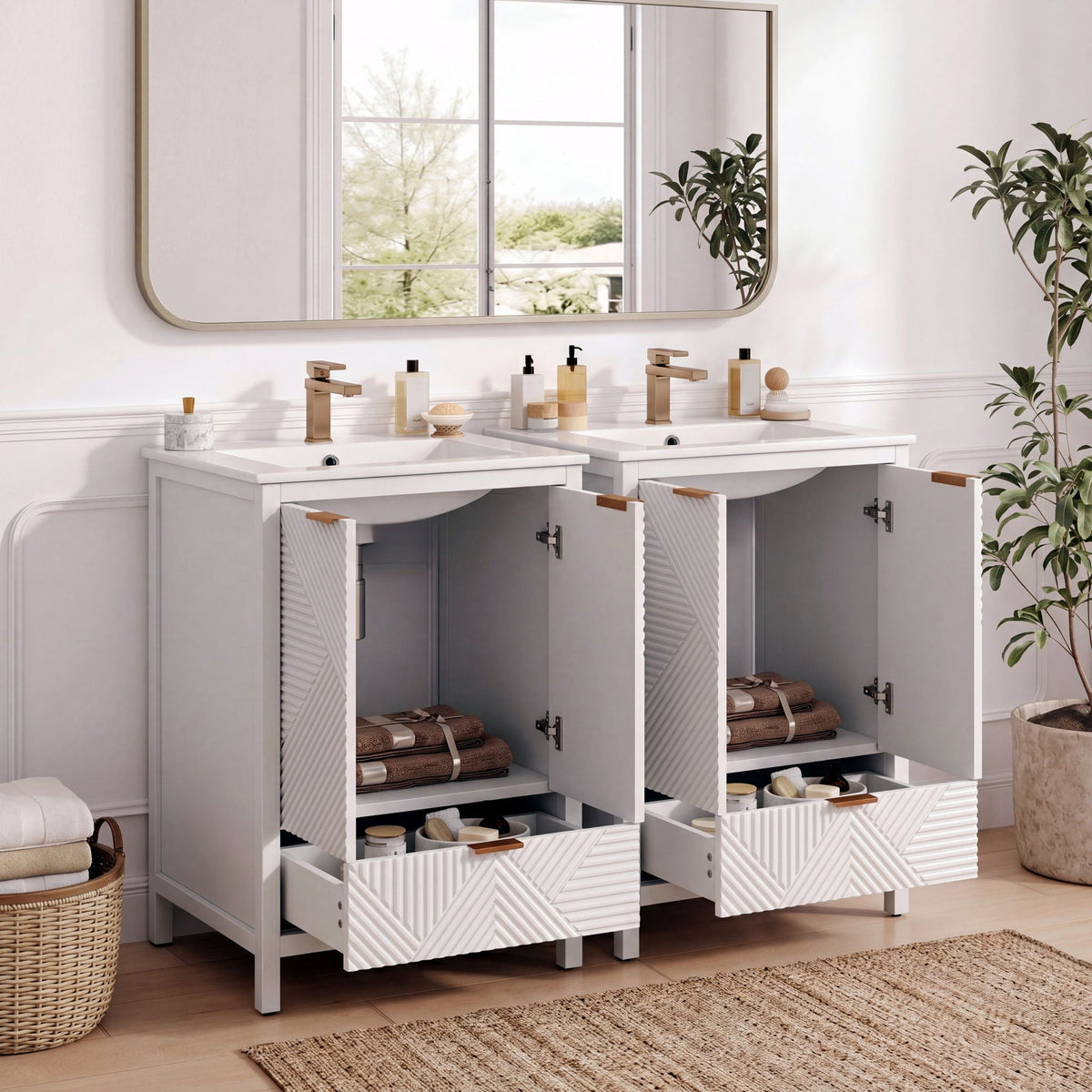Modern double bathroom vanity with dual sinks, white chevron drawers, and gold fixtures on Tampa Home & Garden Store