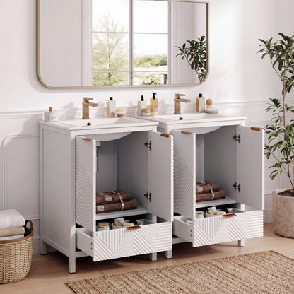 Modern double bathroom vanity with dual sinks, white chevron drawers, and gold fixtures on Tampa Home & Garden Store