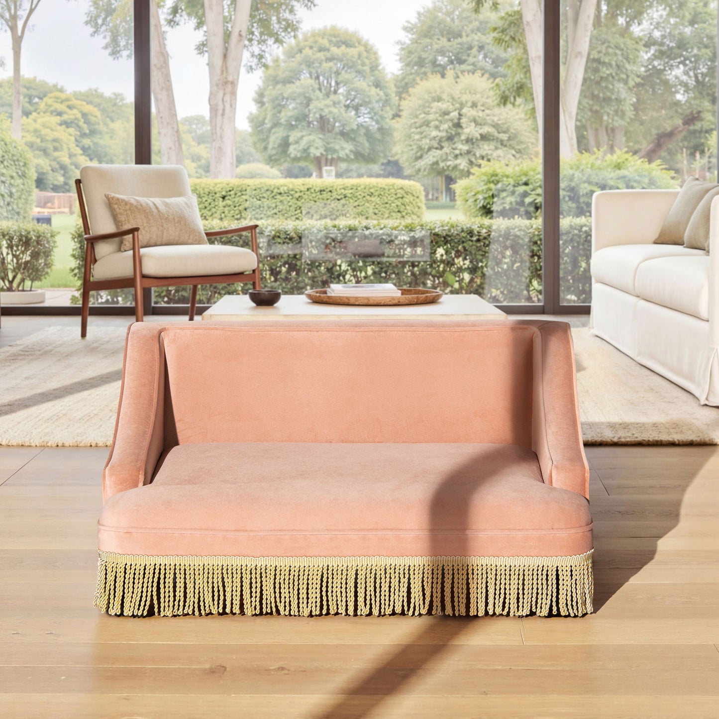 Duchess pet bed sofa pink-beige fabric with fringe tassels HouseOfZazla cat bed on Tampa Home & Garden Store