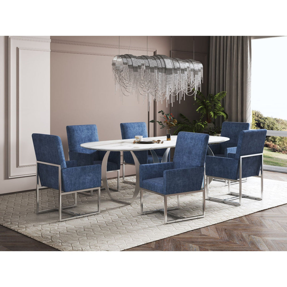 Element Dining Arm Chair blue velvet upholstery with silver metal frame set of 6 HouseOfZazla on Tampa Home & Garden Store