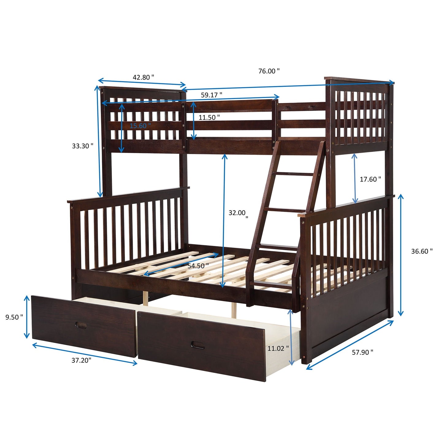 Bunk Bed With Ladder, And Safety Guard Rails in dark wood with under-bed drawers by HouseOfZazla on Tampa Home & Garden Store