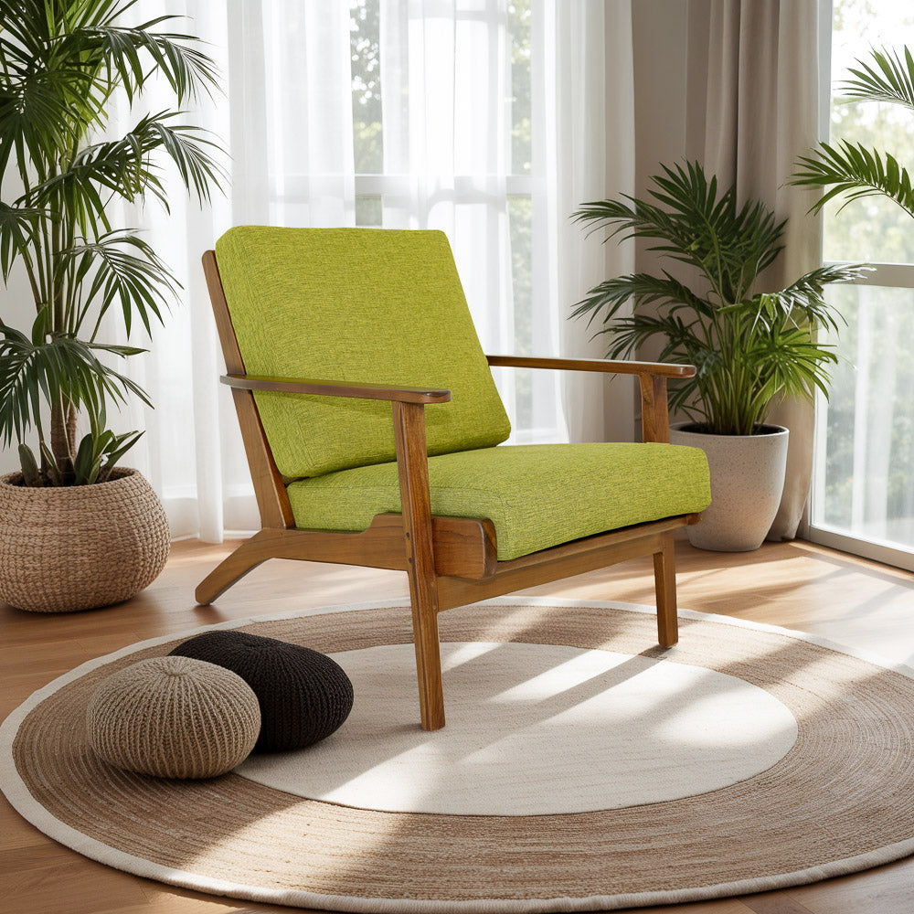 Genuine lounge chair with solid wood frame, lime green upholstery, armchair on Tampa Home & Garden Store