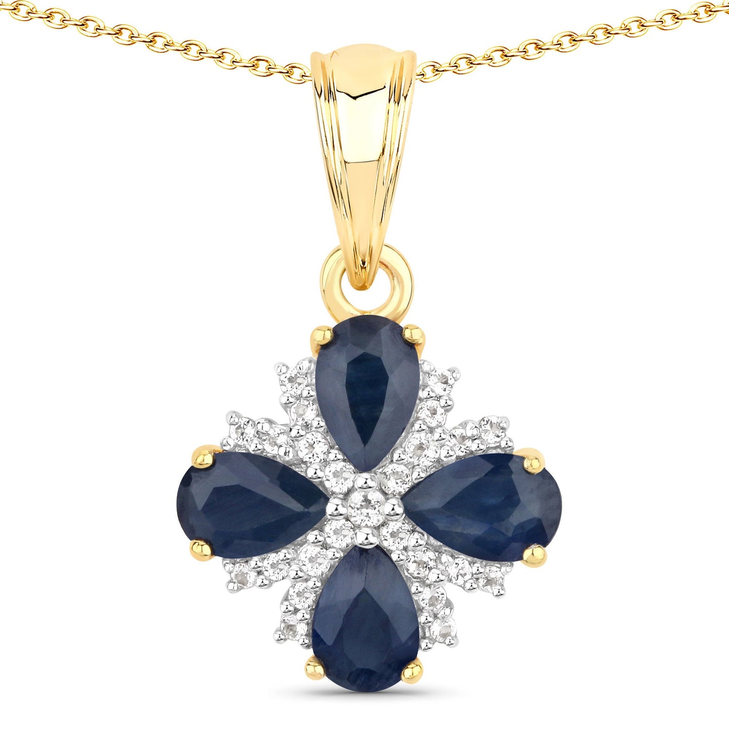 Gold-tone pendant with navy blue sapphires and white topaz halo, floral cluster design on Tampa Home & Garden Store