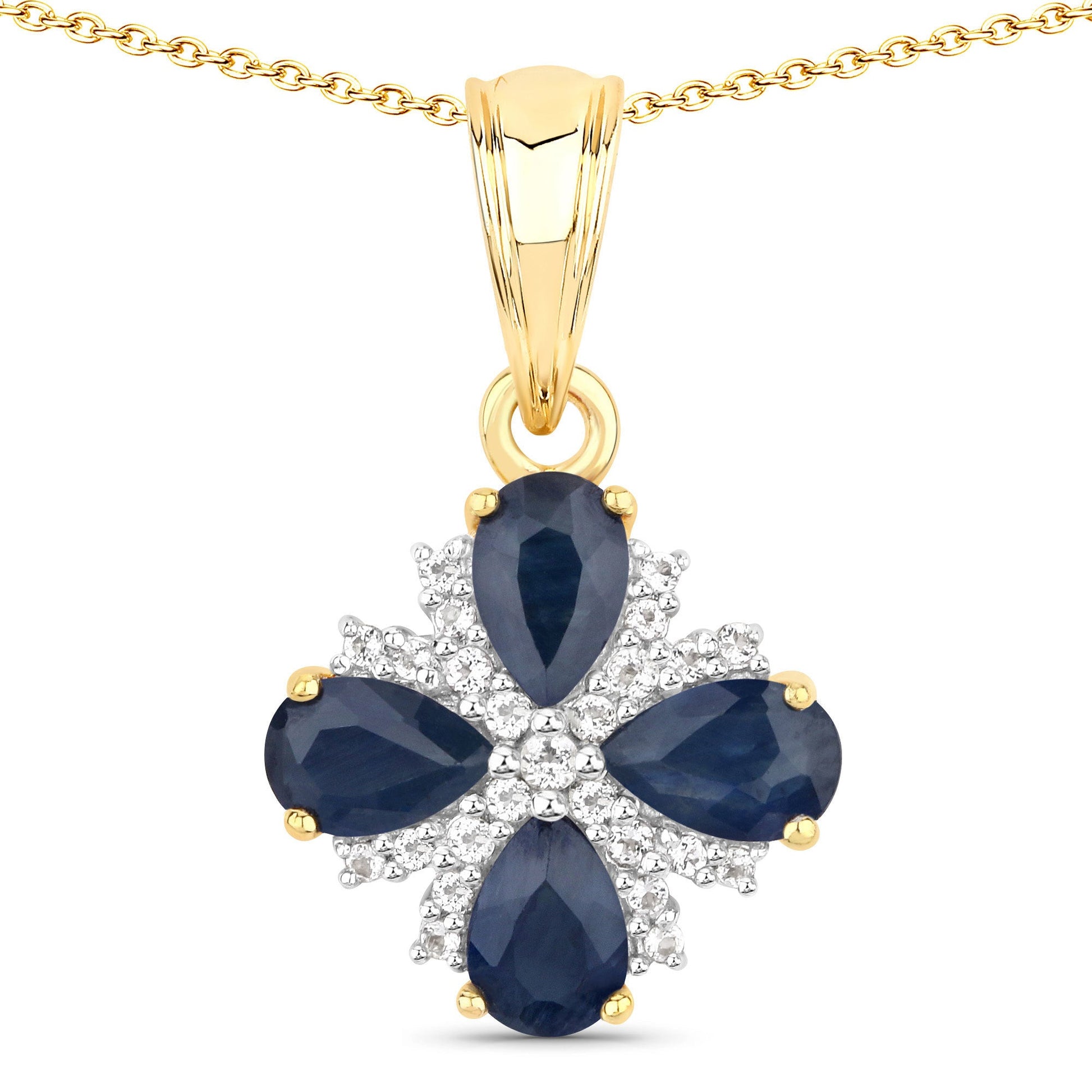 Gold-tone pendant with navy blue sapphires and white topaz halo, floral cluster design on Tampa Home & Garden Store