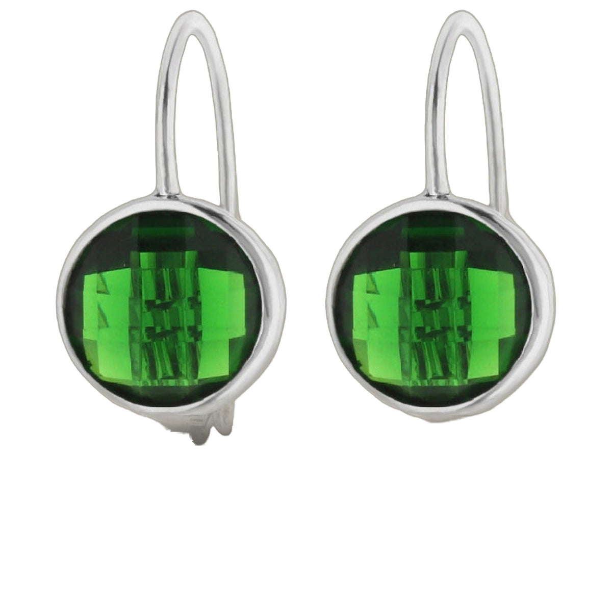 Two emerald green gemstone drop earrings in silver bezel settings with hook backs on Tampa Home & Garden Store