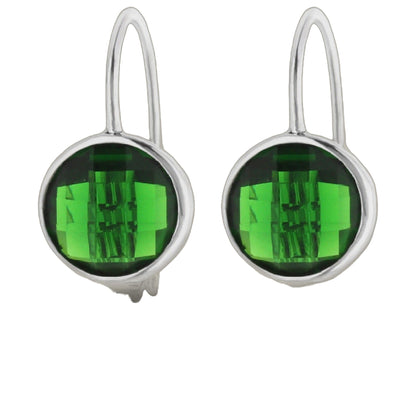 Two emerald green gemstone drop earrings in silver bezel settings with hook backs on Tampa Home & Garden Store
