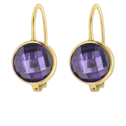 June Birthstone Color Earrings pair: gold-tone bezel setting with purple faceted stones on Tampa Home & Garden Store